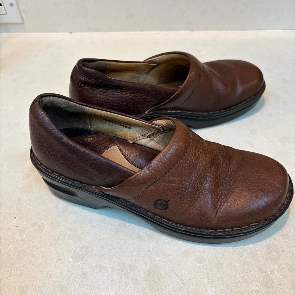 Born Brown Leather Slip-On Clogs